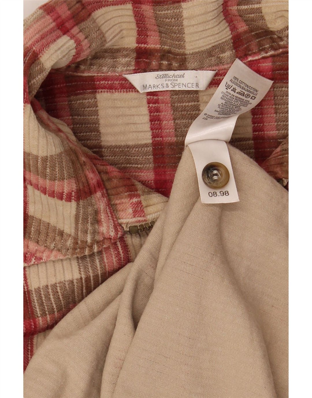 MARKS & SPENCER Herre fløjlsskjorte str. 16 Large Beige ternet bomuld
