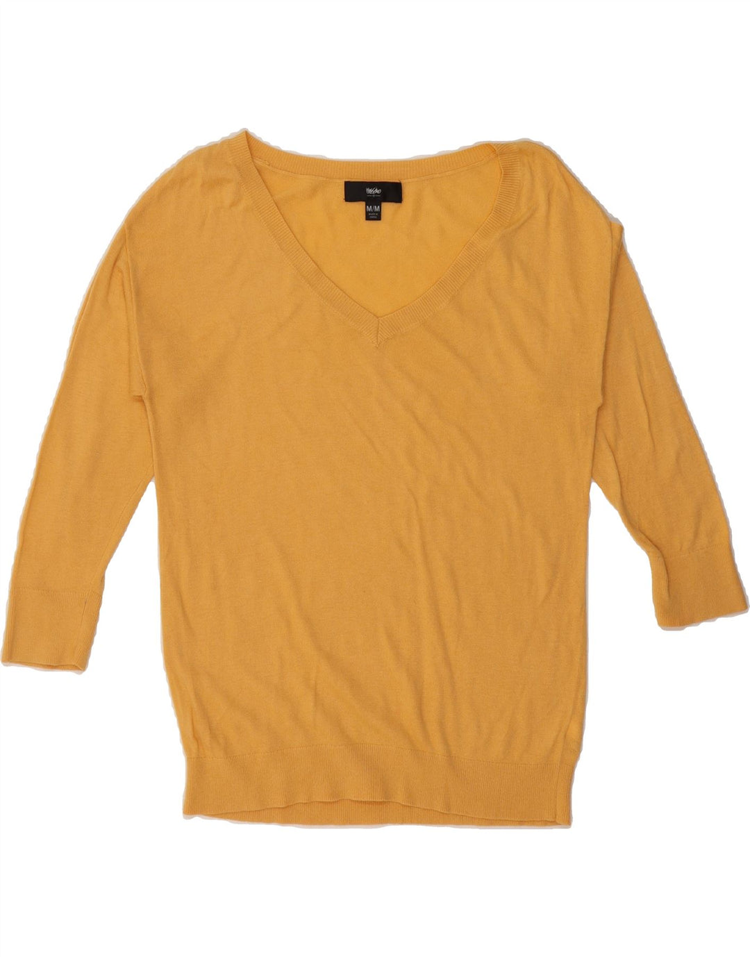 MOSSIMO Womens 3/4 Sleeve V-Neck Jumper Sweater UK 14 Medium Yellow Nylon Vintage Mossimo and Second-Hand Mossimo from Messina Hembry 