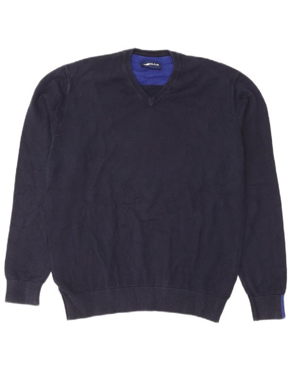 Gas Mens V-Neck Jumper Sweater Medium Navy Blue Cotton