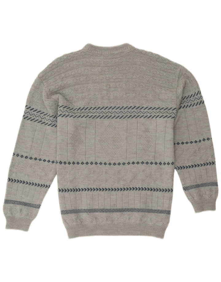 Vintage herre rund hals sweater stor grå geometrisk akryl