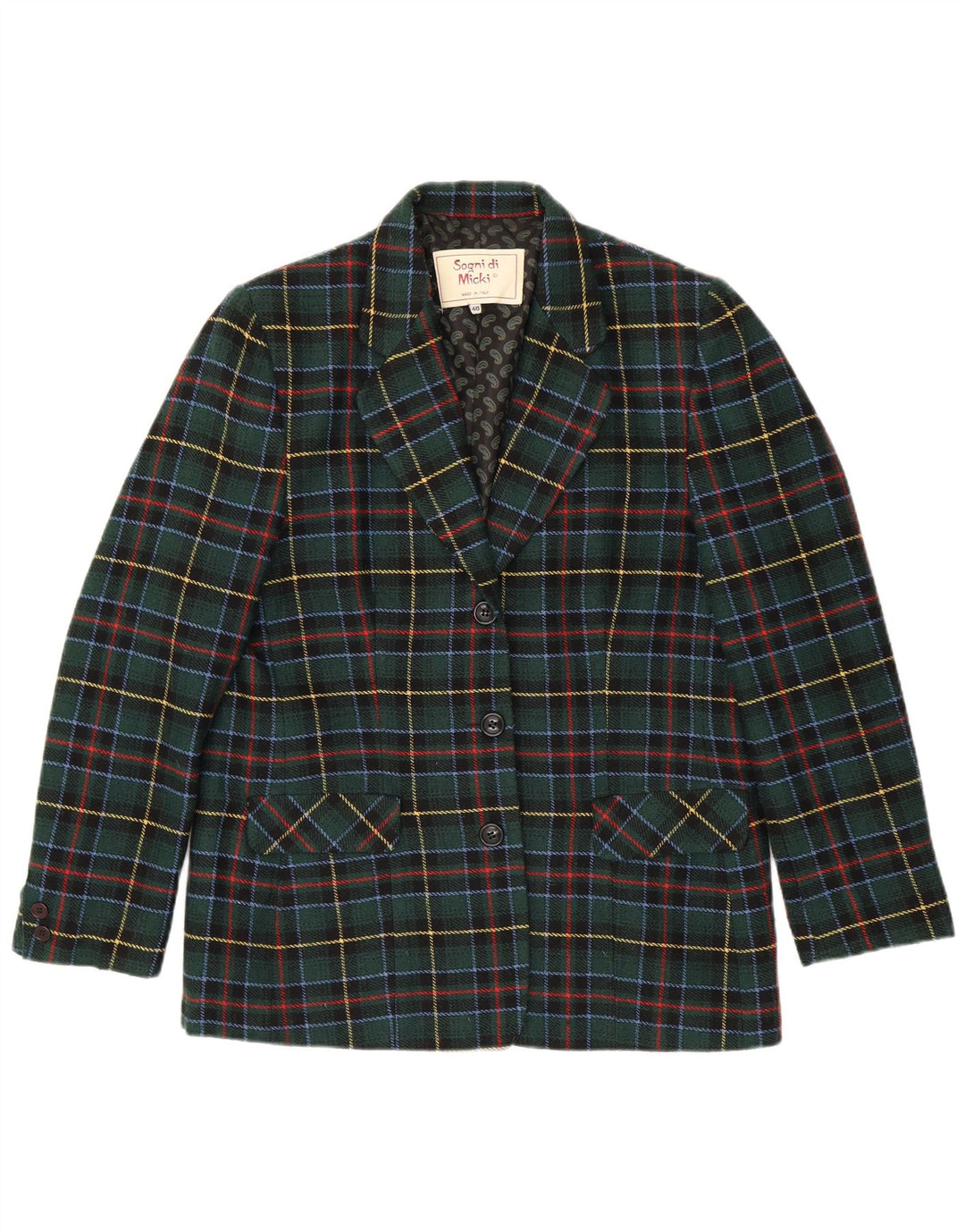 Vintage dame 3-knaps blazerjakke IT 48 XL Grøn ternet polyester