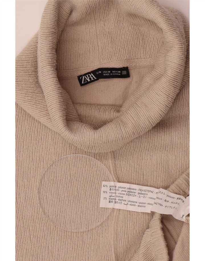 Zara Dame Oversized Roll Neck Jumper Sweater UK 14 Medium Beige Polyester