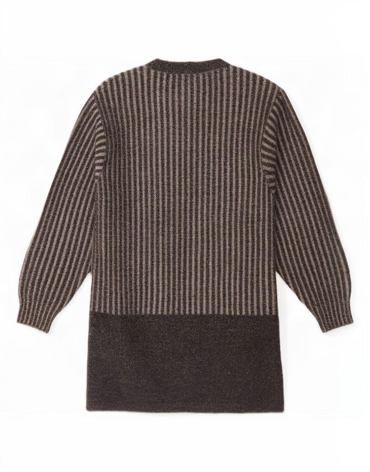 Vintage Dame Longline Cardigan Sweater UK 14 Medium Grå Stribet Uld