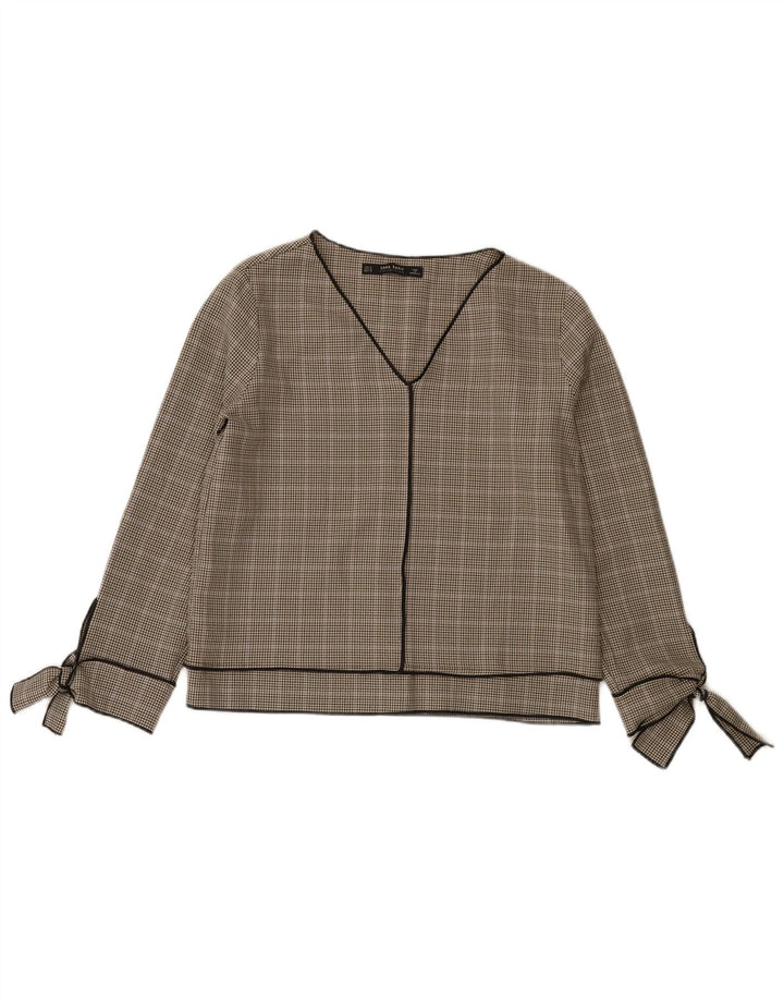 Zara Dame Langærmet Bluse Top UK 10 Small Grey Houndstooth