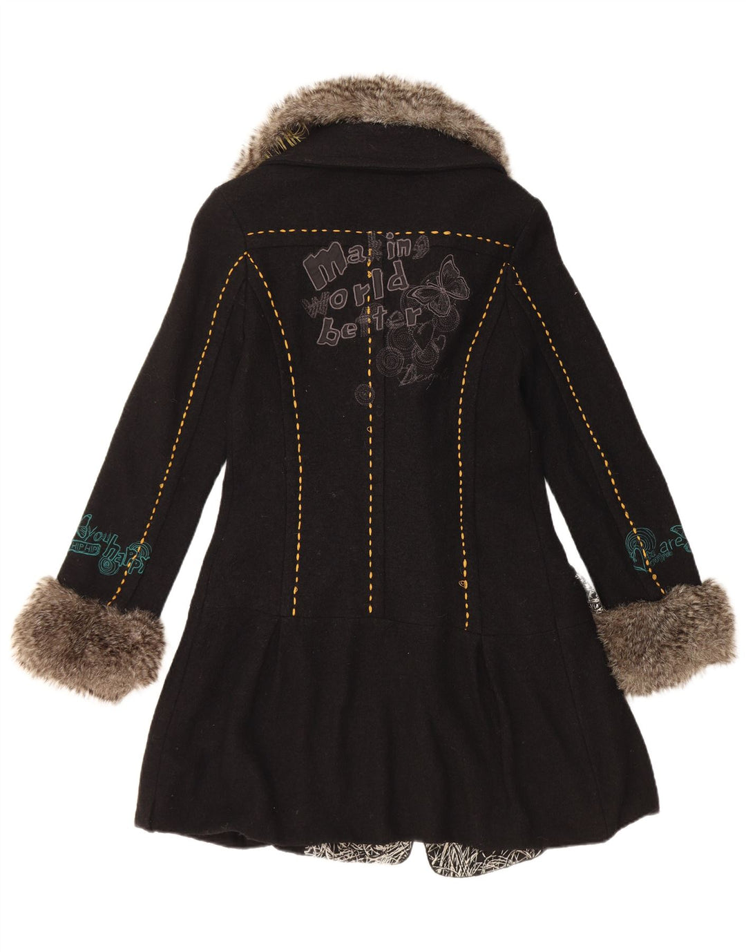 Desigual Dame grafisk dobbeltradet frakke EU 36 Small Black Floral Wool