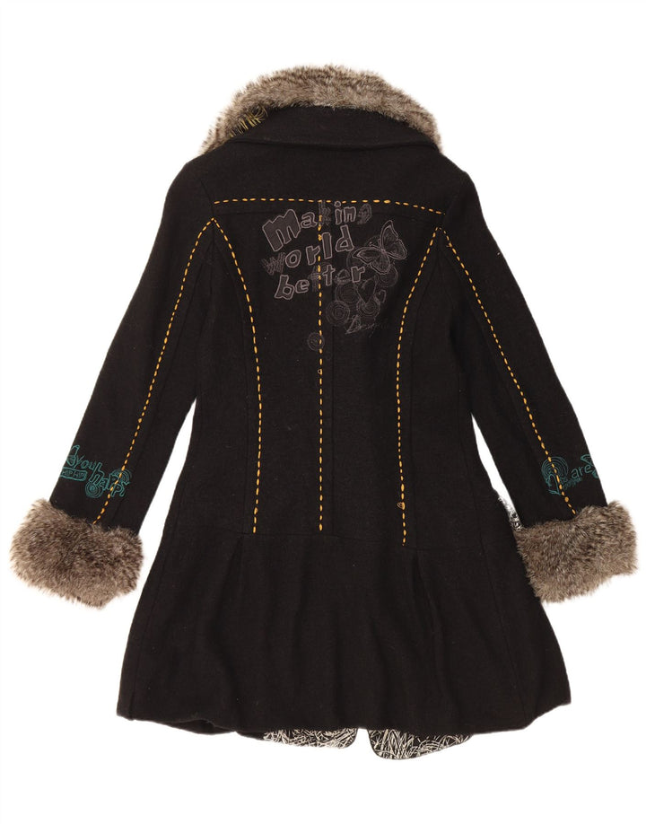 Desigual Dame grafisk dobbeltradet frakke EU 36 Small Black Floral Wool
