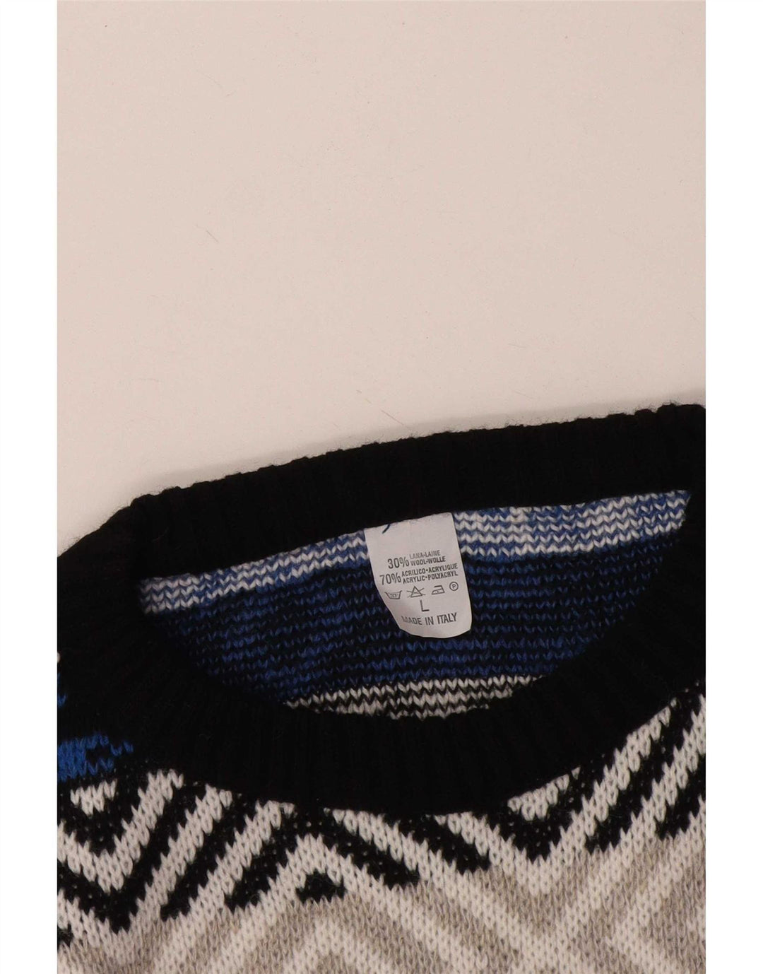 Vintage herre rund hals sweater stor flerfarvet geometrisk uld
