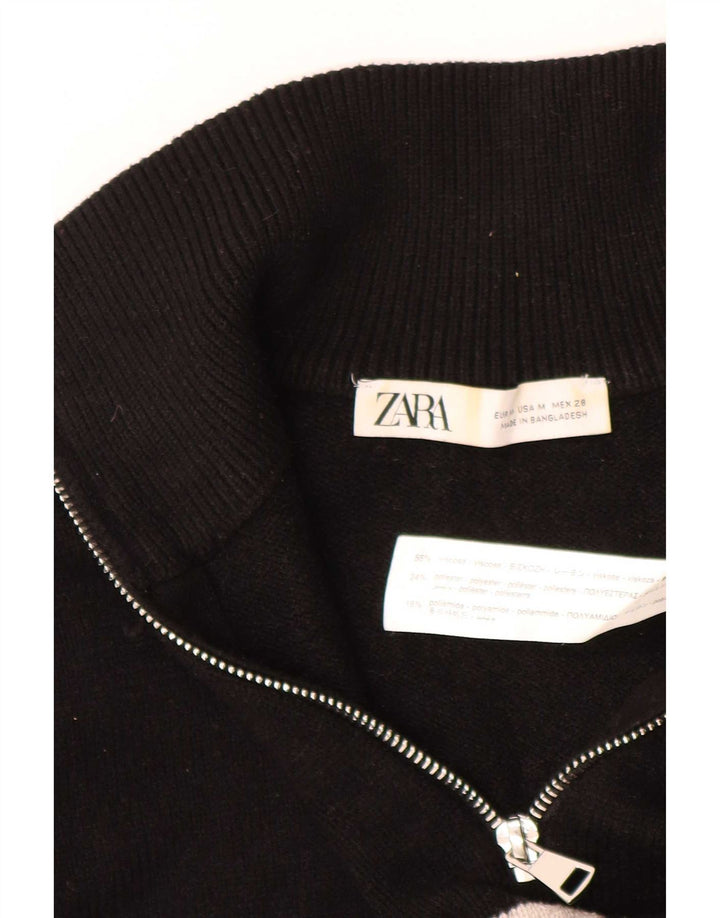 Zara Dame Zip Neck Jumper Sweater UK 14 Medium Sort Stribet Viscose