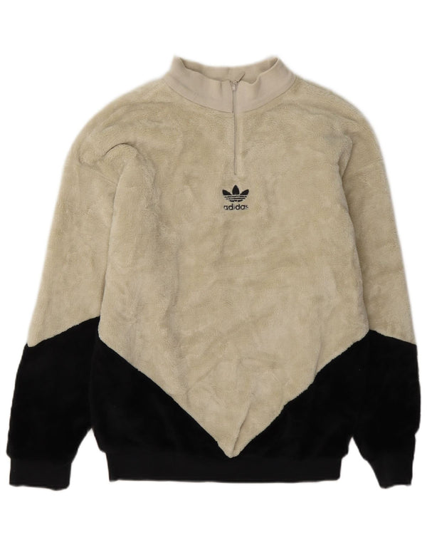 Adidas Womens Zip Neck Oversized Fleece Jumper UK 8 Small Beige Colourblock