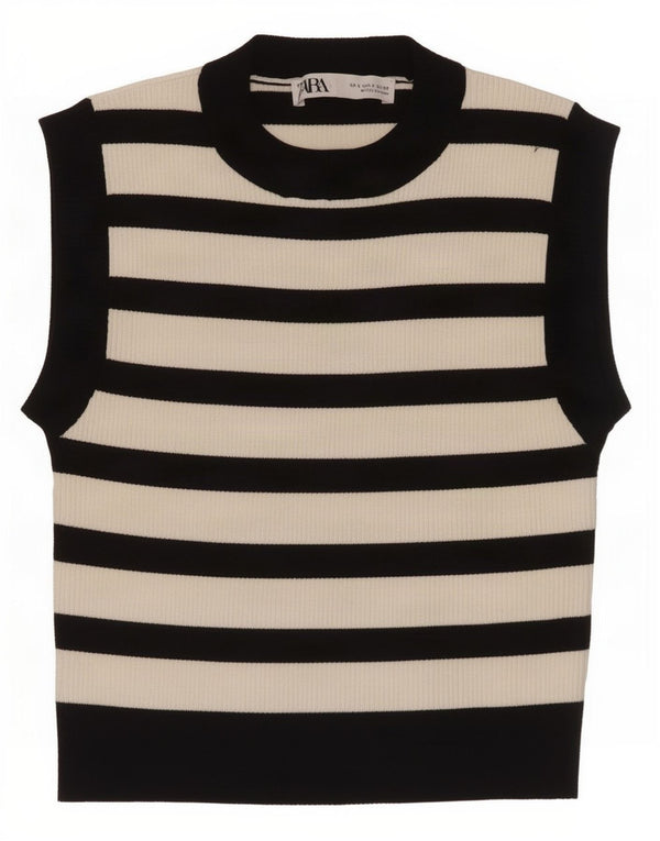 Zara Womens Crop Vest Top UK 8 Small Black Striped Viscose