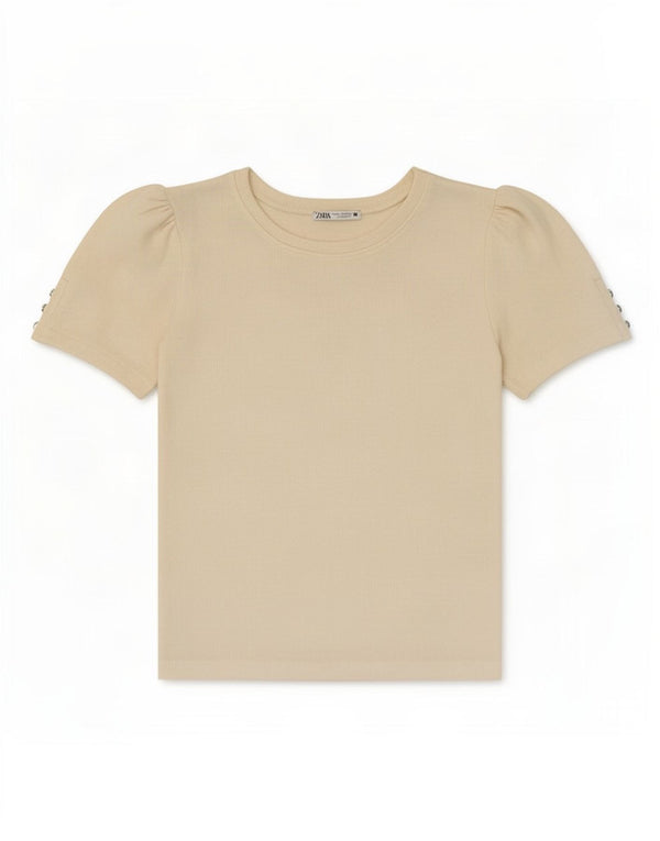 Zara Dame T-Shirt Top UK 10 Small Beige Viscose