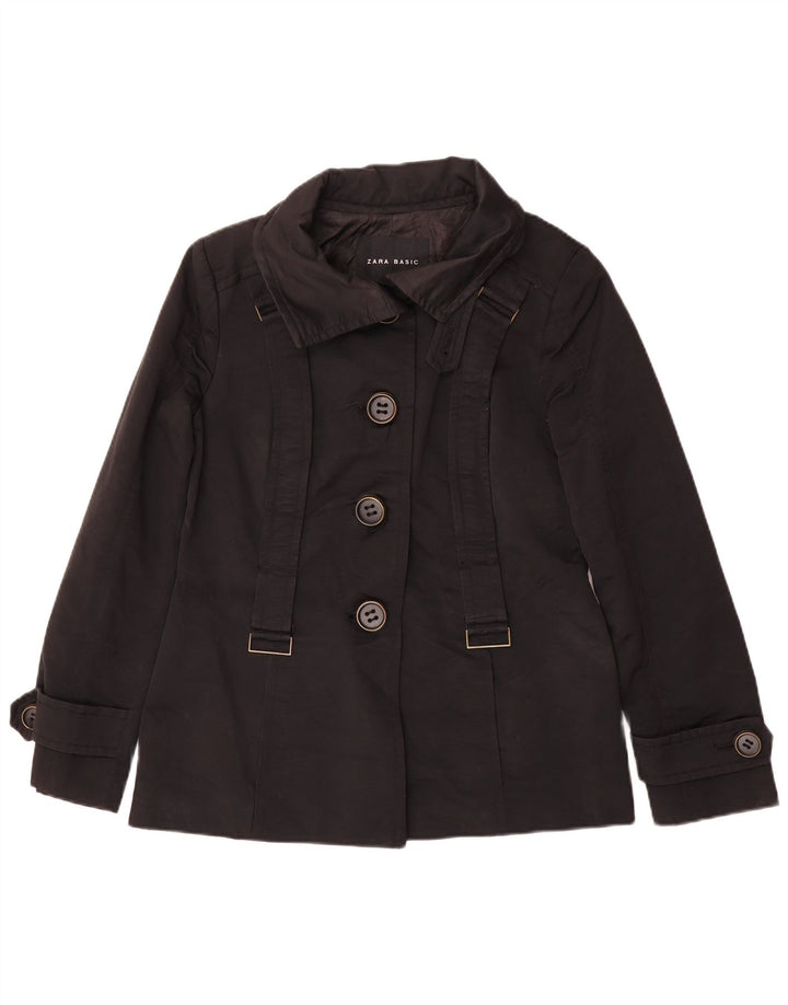 Zara Kvinder Kort Trench Coat UK 14 Stor Sort Bomuld