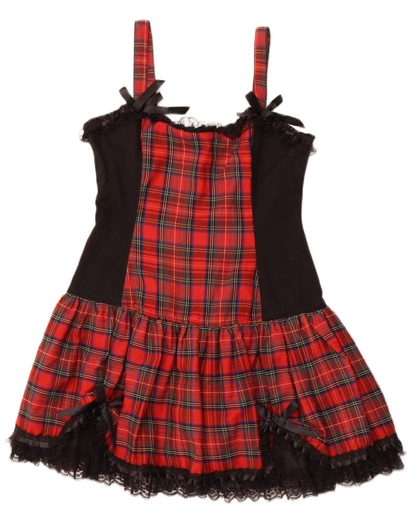 VINTAGE Dame Ærmeløs A-Line Kjole UK 16 Stor rød ternet bomuld