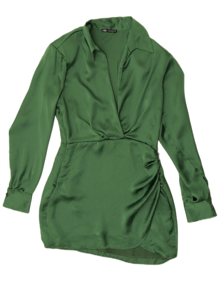 Zara Dame Langærmet Skjortekjole UK 12 Medium Green Polyester
