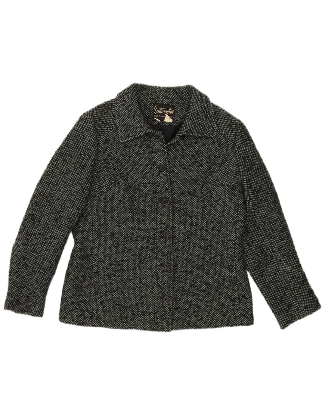 VINTAGE Dame 6-knaps blazerjakke UK 16 Large Grey Flecked Wool