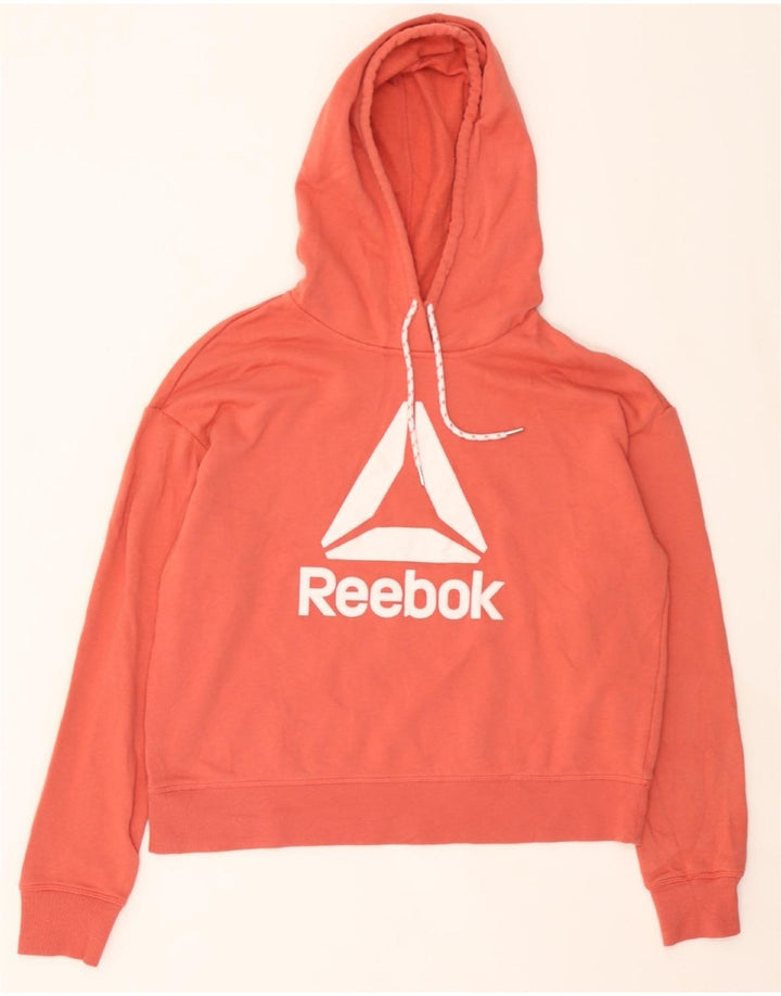 REEBOK Womens Graphic Oversized Hoodie Jumper UK 14 Medium Orange Cotton Vintage Reebok and Second-Hand Reebok from Messina Hembry 
