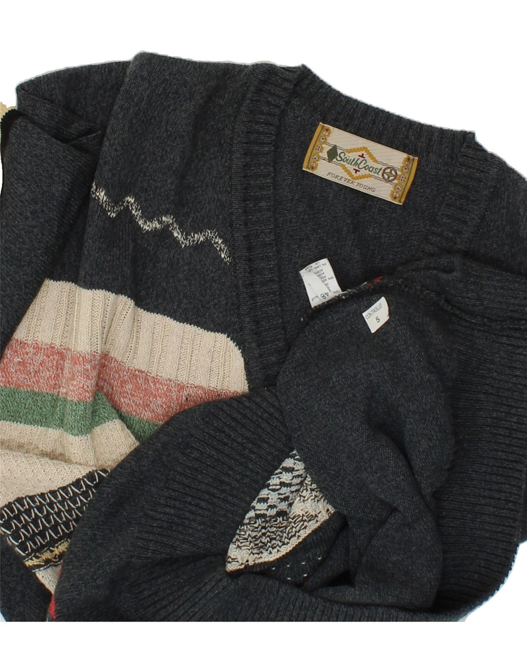 SOUTH COAST Mens V-Neck Jumper Sweater IT 48 Medium Grey Fair Isle Cotton Vintage South Coast and Second-Hand South Coast from Messina Hembry 
