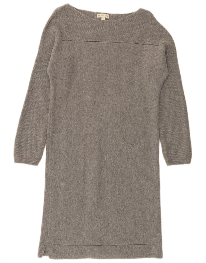 MONSOON Dame Langærmet Jumper Dress UK 10 Small Grey Uld