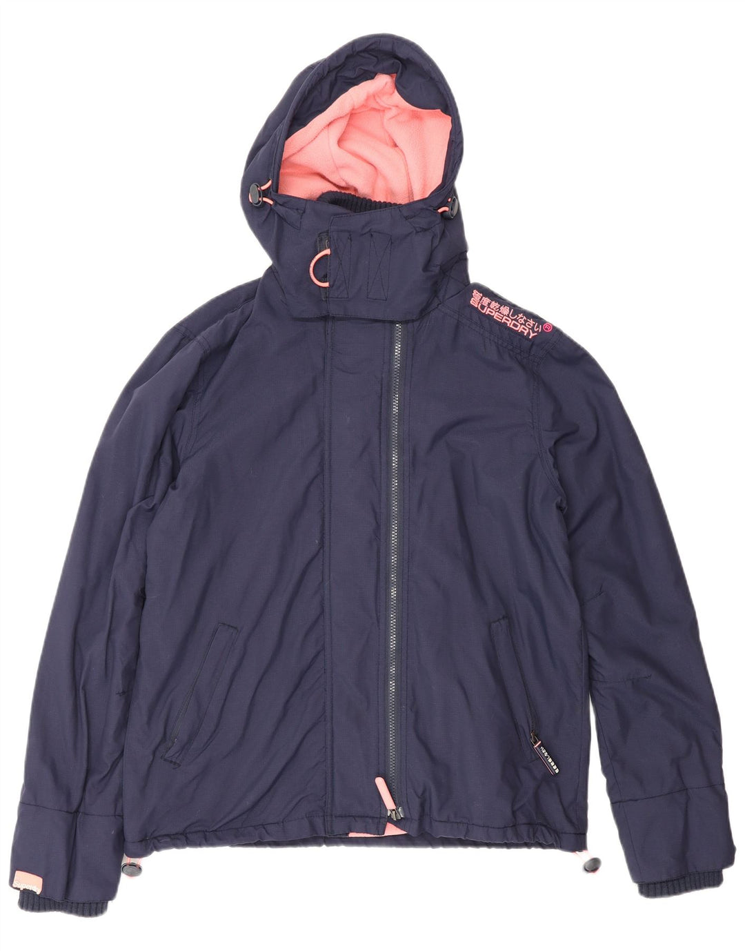 Superdry vindjakkejakke med hætte til kvinder UK 16 Stor marineblå nylon