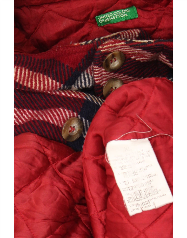 BENETTON Dame hætteoverfrakke UK 18 XL Rød Plaid Uld