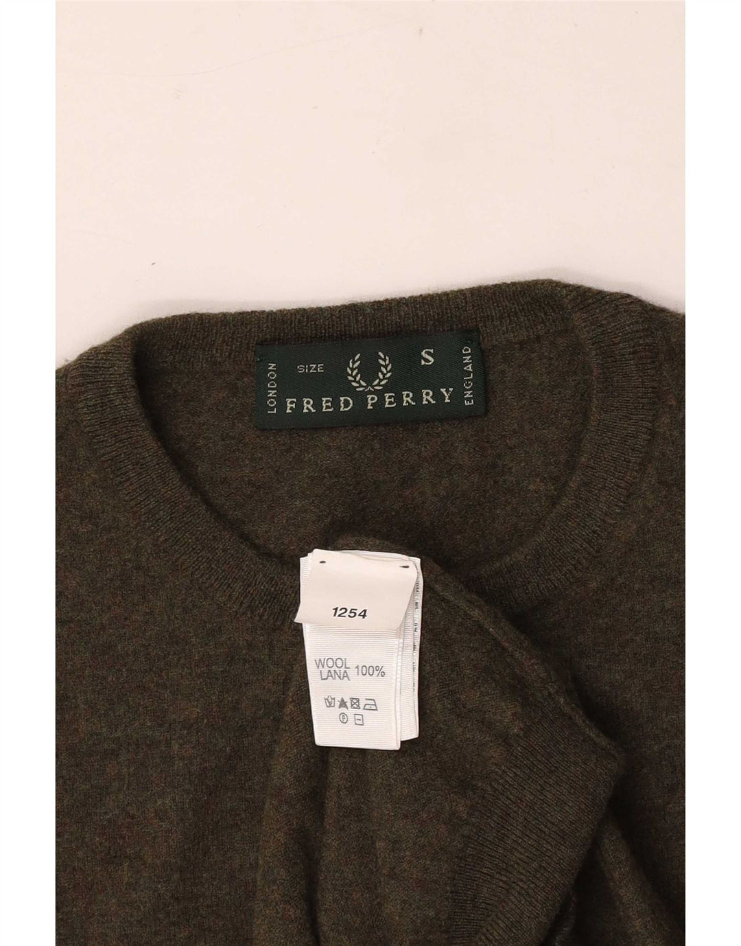 Fred Perry Herre Crew Neck Jumper Sweater Small Khaki Wool
