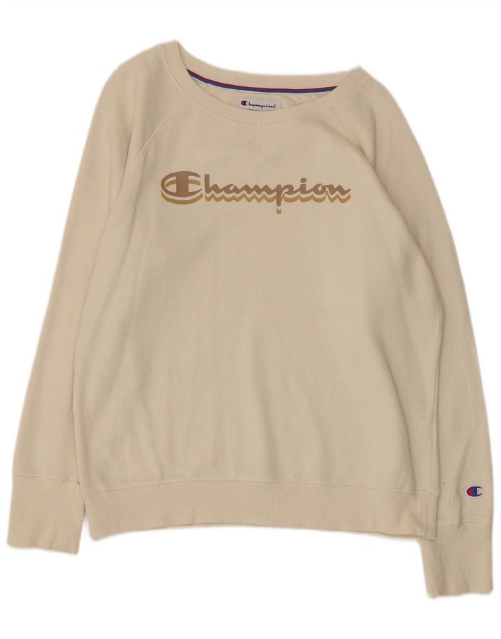 CHAMPION Dame Grafisk Sweatshirt Jumper UK 14 Medium Off White Bomuld