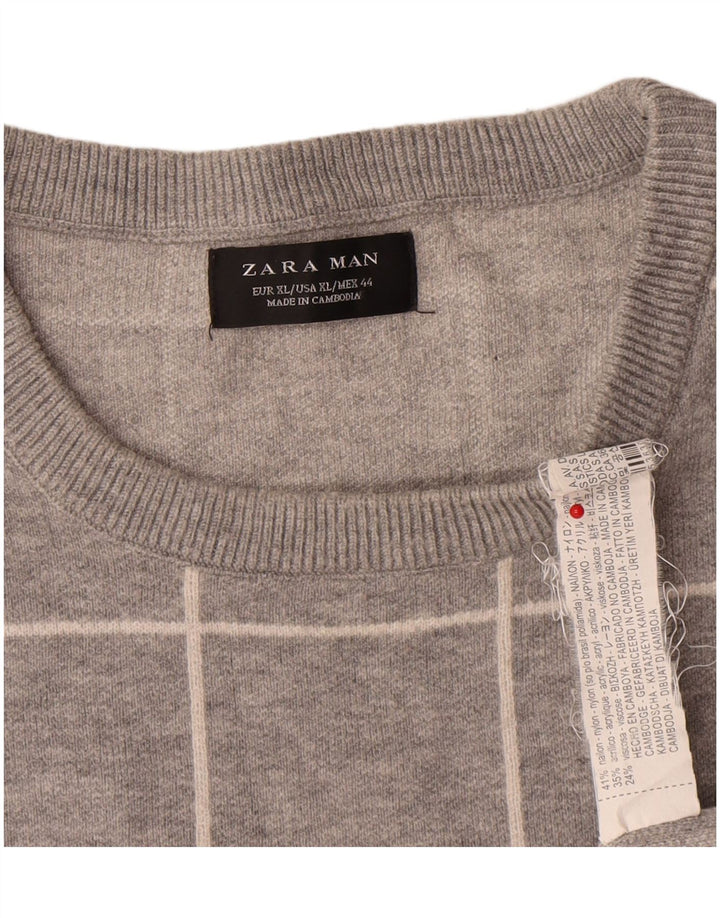 Zara Herre sweater med rund hals XL Grå ternet nylon