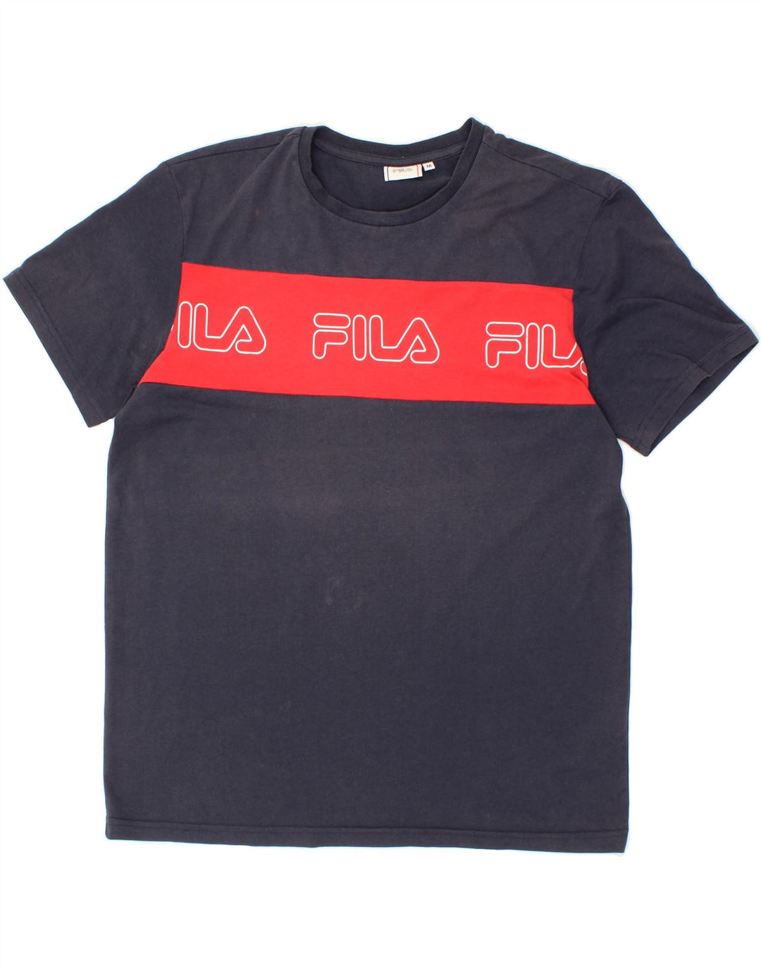 FILA Mens Graphic T-Shirt Top Medium Navy Blue Colourblock Polyester Vintage Fila and Second-Hand Fila from Messina Hembry 