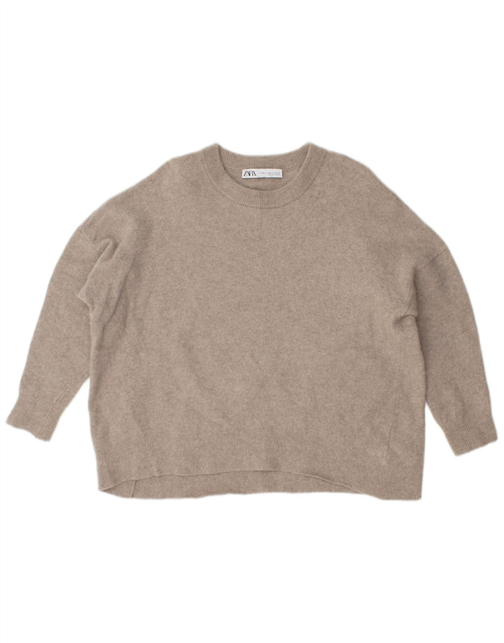 Zara Dame Oversized Crew Neck Jumper Sweater UK 12 Medium Beige Uld