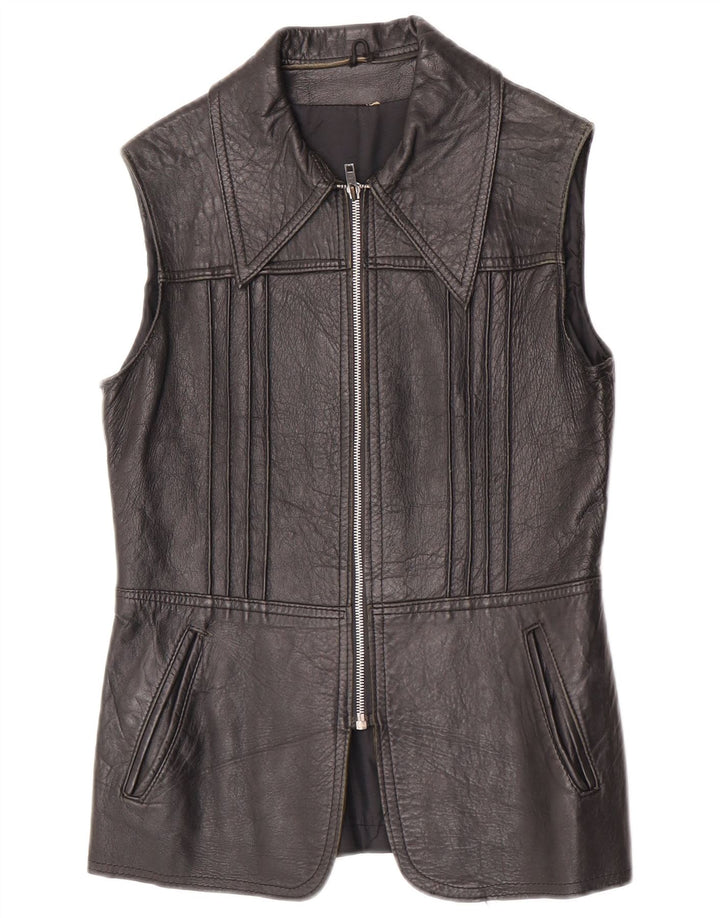 Vintage dame læder Gilet UK 10 Lille sort læder