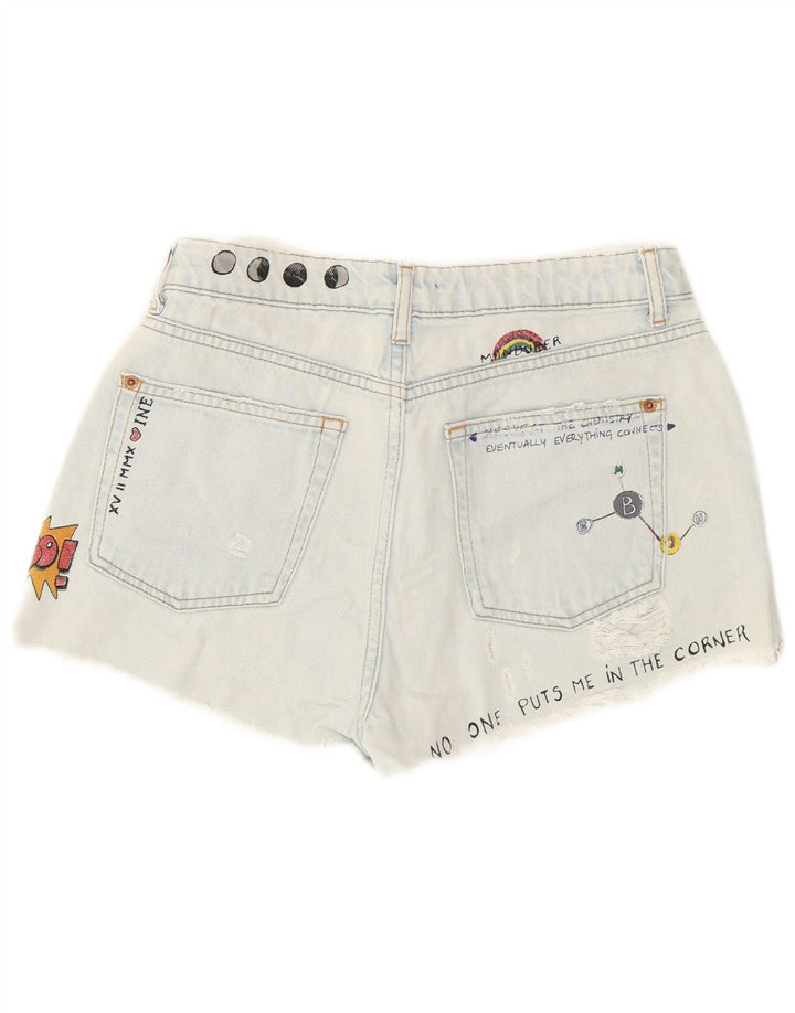 Pull & Bear Graphic Distressed Denim Shorts til kvinder EU 36 XS W26 Blå