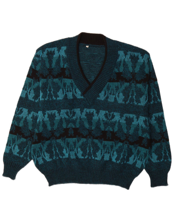 Vintage Herre V-hals sweater IT 50 Medium Blue Fair Isle