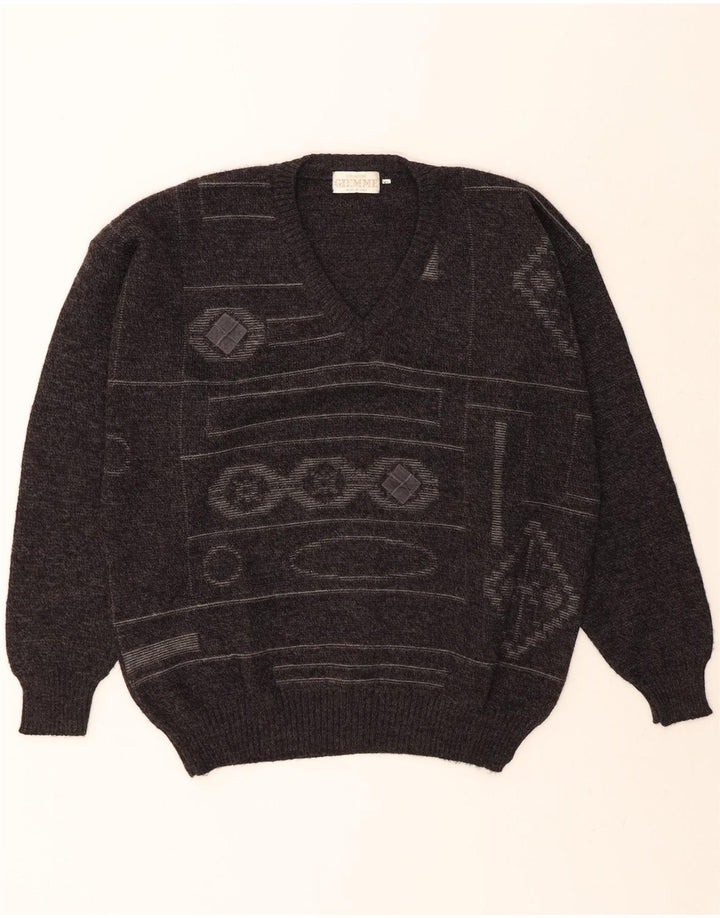 GIEMME Mens V-Neck Jumper Sweater XL Grey Geometric Acrylic Vintage Giemme and Second-Hand Giemme from Messina Hembry 