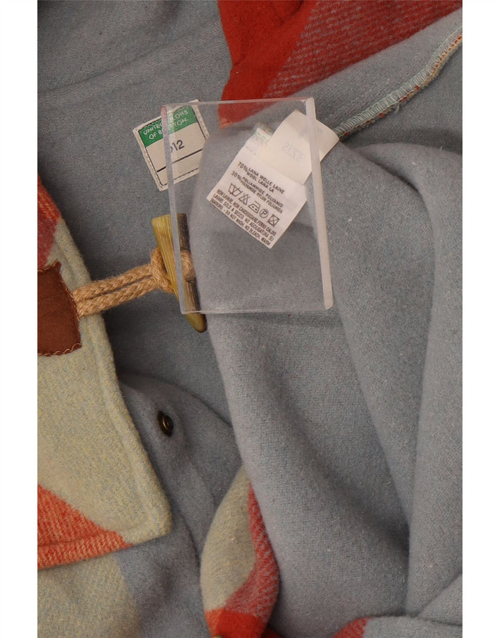 Benetton Dame Hooded Duffel Coat UK 16 Stor flerfarvet Plaid Uld