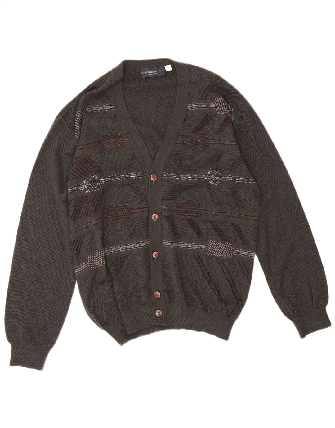 Montecatini Herre Cardigan Sweater XL Grå Geometrisk Merinould