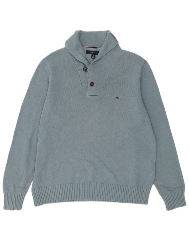 TOMMY HILFIGER Mens Shawl Neck Jumper Sweater Large Blue Cotton
