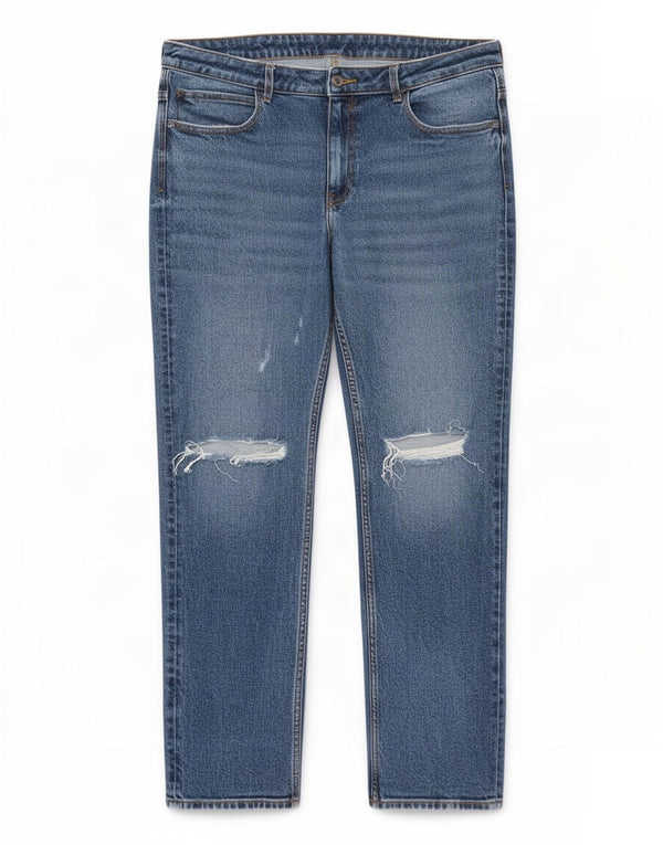 Zara Dame Distressed Straight Jeans EU 44 XL W34 L28 Blå Bomuld