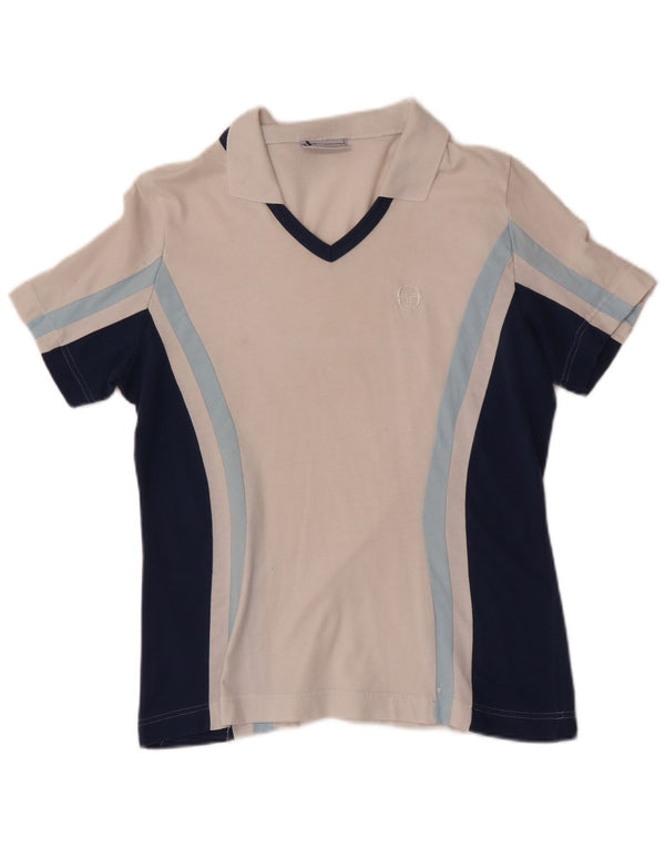Sergio Tacchini Dame Polo Shirt UK 12 Medium White Colourblock Bomuld
