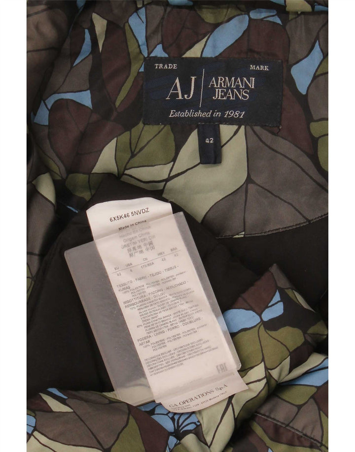 Armani Jeans Dame Hætte Polstret Frakke EU 42 Large Green Floral Polyester