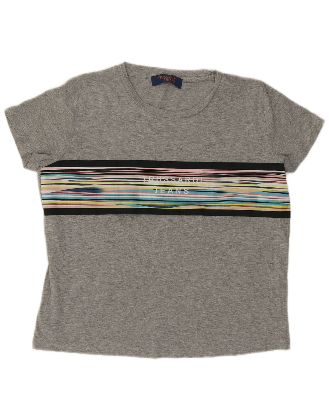Trussardi Dame Crop Grafisk T-Shirt Top UK 14 Medium Grå Stribet