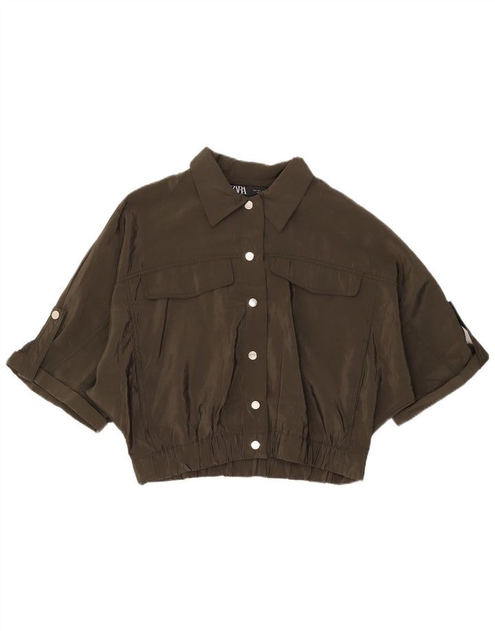 Zara Womens Crop kortærmet skjortebluse UK 10 Small Khaki Polyester