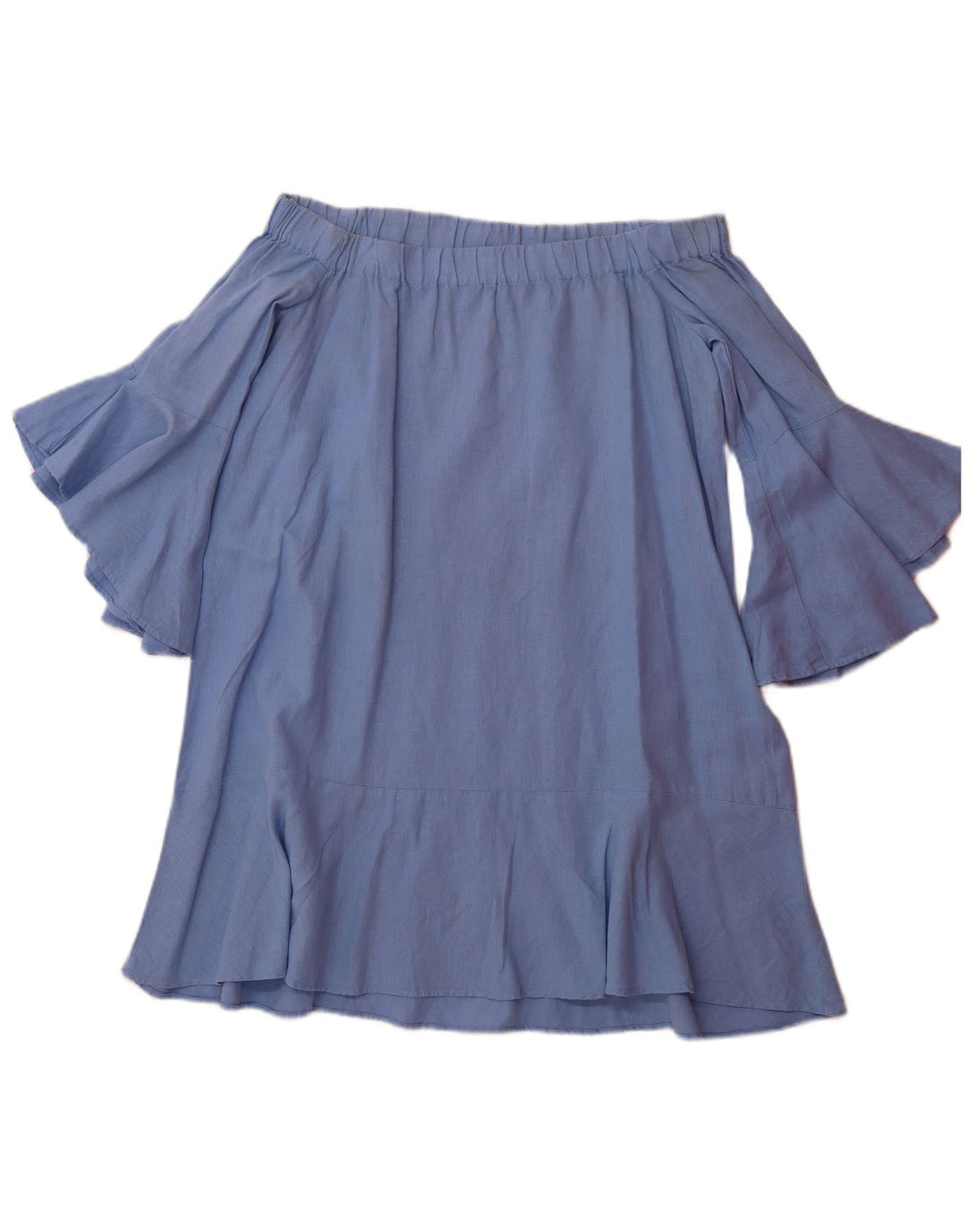 ZARA Womens 3/4 Sleeve Off Shoulder Top UK 10 Small Blue Linen