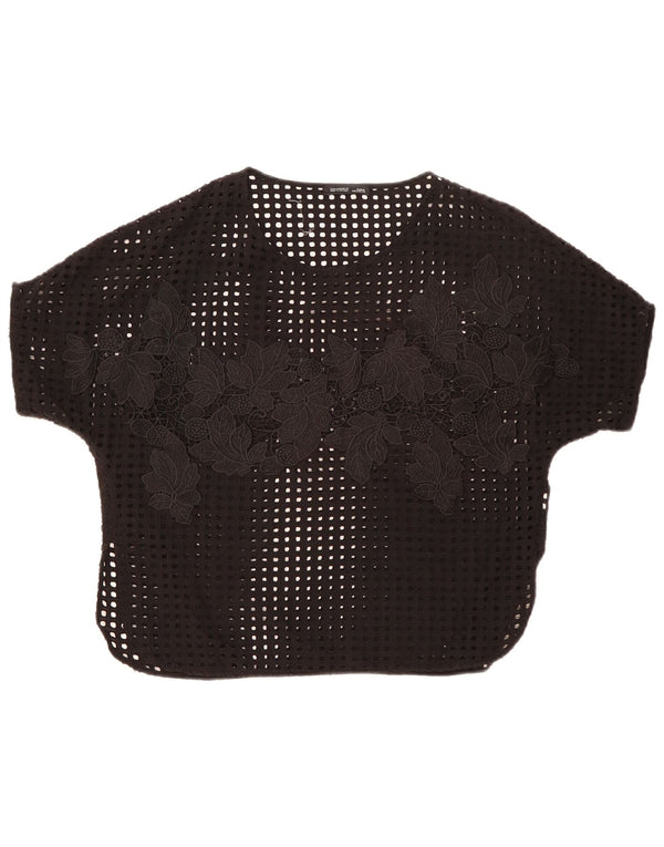 Zara Dame See Through Bluse Top UK 14 Medium Black Floral