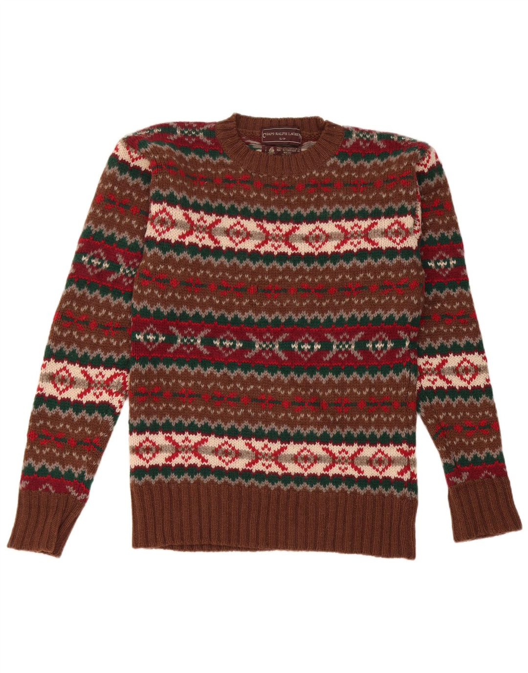 Chaps Herre Crew Neck Jumper Sweater Small Brown Fair Isle Virgin Wool
