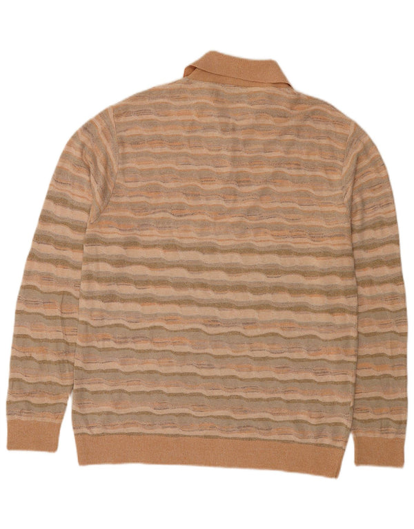 Vintage Mens Polo Neck Jumper Sweater Medium Orange Striped Acrylic