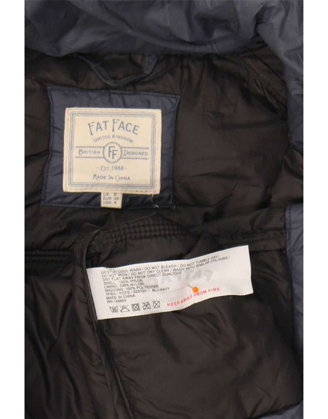 Fat Face Dame Hætte Polstret Frakke UK 8 Small Navy Blue Nylon