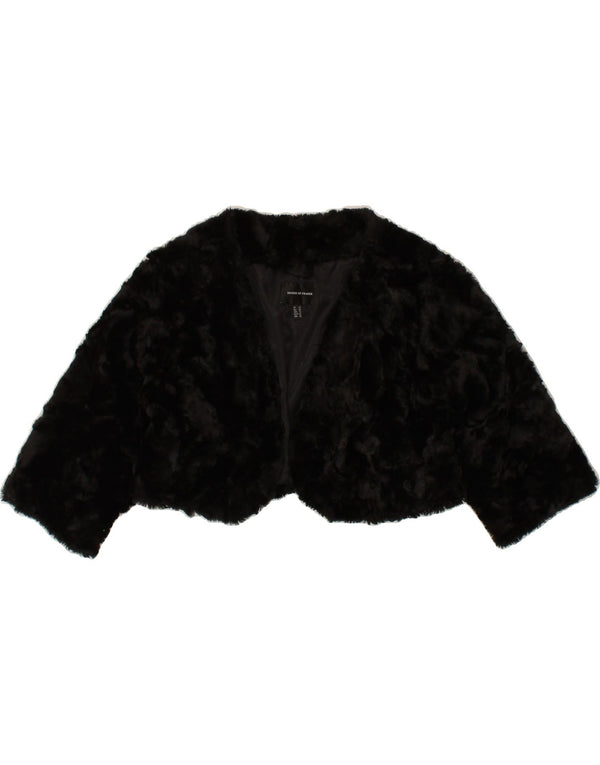 VINTAGE Dame imiteret Pels Bolero Jacket UK 12 Medium Sort Akryl