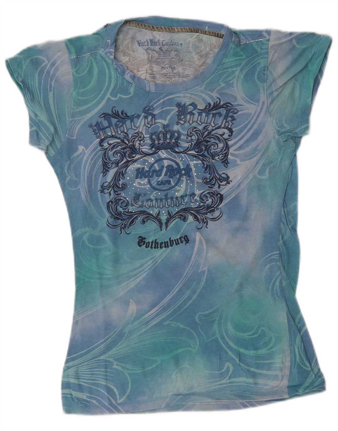 HARD ROCK CAFE Dame Couture Grafisk T-Shirt Top UK 8 Small Blue Tie Dye