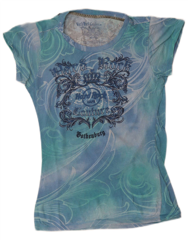 HARD ROCK CAFE Dame Couture Grafisk T-Shirt Top UK 8 Small Blue Tie Dye