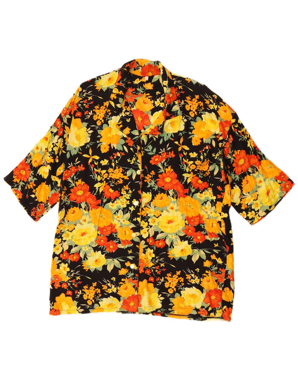 Vintage Dame Kortærmet Loose Fit skjorte UK 10 Small Black Floral Retro